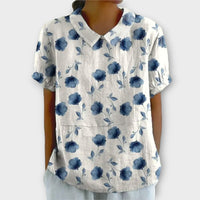 Lina | Blumenbluse aus Baumwolle und Leinen - Blau