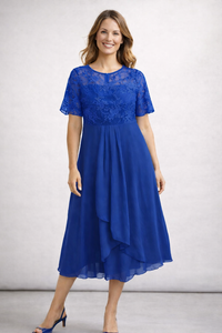 Beatrice | Zartes Spitzen Chiffon Midikleid - Dunkelblau