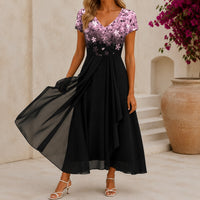 Beatrix | Florales Cocktail-Midikleid mit V-Ausschnitt - Rosa Schwarz