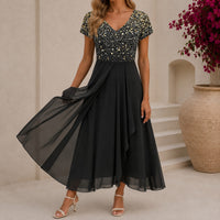 Beatrix | Florales Cocktail-Midikleid mit V-Ausschnitt - Gold Schwarz