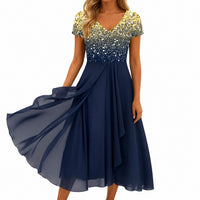 Beatrix | Florales Cocktail-Midikleid mit V-Ausschnitt - Goldblau