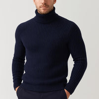 Bernd | Herren Gerippter Taillierter Rollkragenpullover - Marineblau