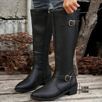 Calixta | Damen kniehohe Stiefel mit Doppelschnallen - Schwarz