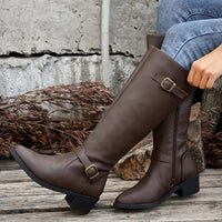 Calixta | Damen kniehohe Stiefel mit Doppelschnallen - Dunkelbraun