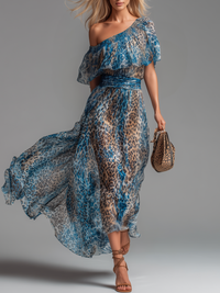 Wild | Damen Langes Chiffon Kleid Leoparden-Print Schulterfrei – Wild Leopard Maxi - Blau