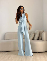 Kamwi - Eleganter Jumpsuit Mit Drapiertem Ausschnitt Und Weitem Bein - Blau