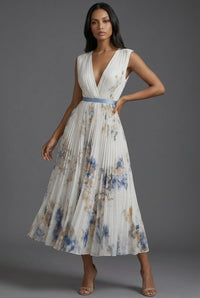 Amelie | Brautmutter Kleid Midi Blumenkleid mit tiefem V-Ausschnitt und Plisseerock - Weiß