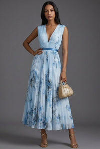 Amelie | Brautmutter Kleid Midi Blumenkleid mit tiefem V-Ausschnitt und Plisseerock - Blau