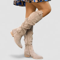 Ailsa | Damen kniehohe Schlupfstiefel mit Ziehlasche - Beige