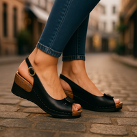 Brigitte | Damen Keilabsatz Sandaletten mit Slingback - Schwarz