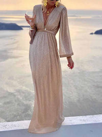 Brigitte | Damen Langarm V-Ausschnitt Maxikleid - Beige