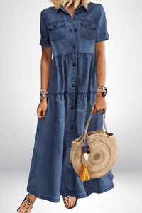 Brunhilde | Damen Jeanskleid Maxikleid mit Knopfleiste - Hellblau