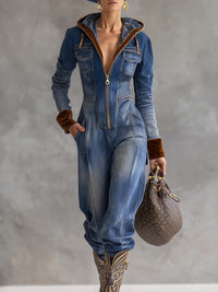 Brunhilde | Damen Kapuzen Jumpsuit mit Reißverschluss - Blau