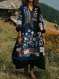 Eresha - Lässiges Langarm Kleid Mit Blumenmuster - Blau