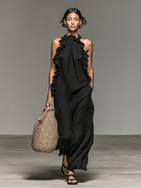 Lua | Damen Halterloses ärmelloses Maxikleid mit Rüschen - Schwarz
