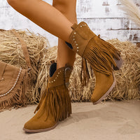 Calla | Damen Westernstiefel mit weitem Schaft, Fransen und Nieten - Hellbraun