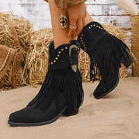 Calla | Damen Westernstiefel mit weitem Schaft, Fransen und Nieten - Schwarz