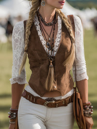 Calliope | Damen Western Langarm Spitzenärmel Bluse - Braun