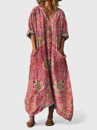 Calypso | Damen Paisley Boho Maxikleid mit V-Ausschnitt - Dunkelrosa