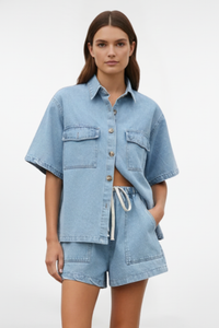 Camellia | Damen High Waist Zweiteiliges Set Bluse Shorts - HellBlau