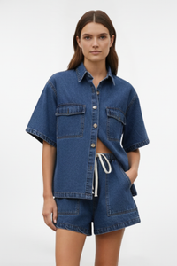 Camellia | Damen High Waist Zweiteiliges Set Bluse Shorts - Blau