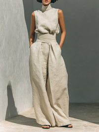 Carlotta | Ärmelloses Blusen Hosen Ensemble - Khaki