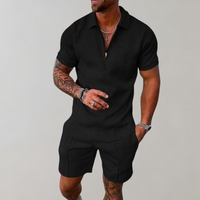 Caspian | Herren Texturiert Polo Shorts Set - Schwarz