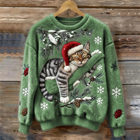 Elisabetta – Plüschpullover Mit Fauler Katze - Grün
