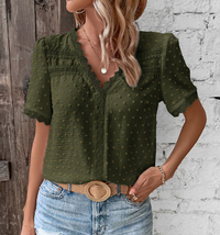 Celestine | Damen Kurzarm Bluse mit V-Ausschnitt - Grün
