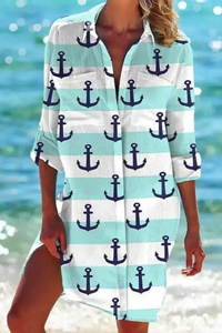 Cerena | Damen Strandbluse Hemdkragen Maritimer Print - Farbe 3