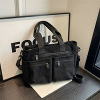 Nora | Cord Tote Bag Damen Schultertasche Mehrfachtaschen Reißverschluss - Schwarz