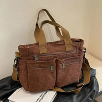 Nora | Cord Tote Bag Damen Schultertasche Mehrfachtaschen Reißverschluss - Braun
