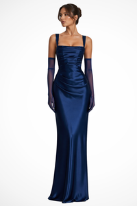 Mona | Damen Elegantes Square Neck Hochzeitsgäst Maxikleid - Marineblau