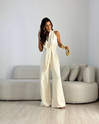 Kamwi - Eleganter Jumpsuit Mit Drapiertem Ausschnitt Und Weitem Bein - Cremefarben