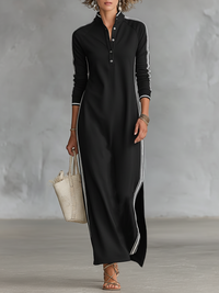 Nadia | Damen Maxi Sweatshirt Kleid Knopfkragen Weißer Besatz – Sweatshirt Maxi - Schwarz