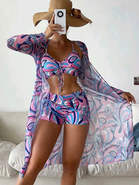 Catherine – 3-teiliges Bikini-Set mit Langarm-Cardigan für den Sommerstrand - Lila