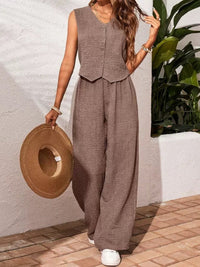 Damen Ärmelloses Oberteil und Weithose Set mit V Ausschnitt und Knopfleiste - Kamel