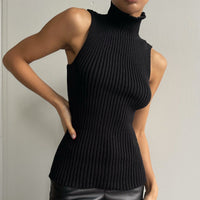 Damen ärmelloser Pullover mit Stehkragen und geradem Saum - Schwarz