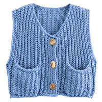 Damen Ärmellose Strickjacken mit V Ausschnitt und Knopfleiste - Blau