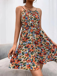 Damen Ärmelloses Blumenkleid mit Spaghettiträgern und gerafftem Dekolleté - Orange mit Blumenmuster