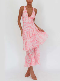 Damen Ärmelloses Maxikleid mit Tiefem V-Dekolleté Rüschenlagen und Gekreuzten Rückenträgern - Rosa