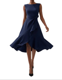 Damen Ärmelloses Midikleid mit Asymmetrischem Taillendetail und Ausgestelltem Saum - Marineblau