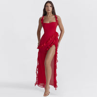 Damen Asymmetrisches Kleid mit Rüschenbesatz und eckigem Ausschnitt - Rot