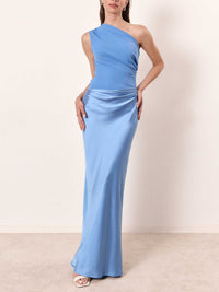 Damen Asymmetrisches Maxikleid mit Einschulterträger und Drapiertem Oberteil und Hüftraffung - Blau