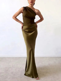 Damen Asymmetrisches Maxikleid mit Einschulterträger und Drapiertem Oberteil und Hüftraffung - Dunkelgrün
