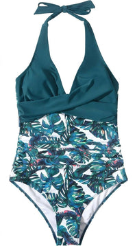 Damen-Badeanzug mit Nackenträger, V-Ausschnitt und Blattmuster - Blau