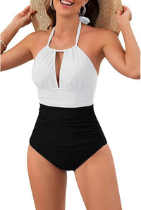 Damen-Badeanzug mit Neckholder und Keyhole-Ausschnitt - Schwarz / Weiß