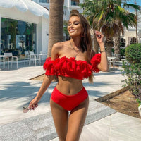 Damen Bademode Zweiteiliger Schulterfreier Bikini mit Rüschenoberteil und Hochtailliertem Unterteil - Rot
