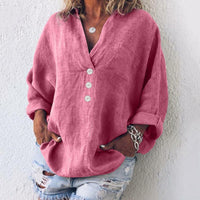 Elfriede | Damen Baumwoll-Leinen Oversized V-Ausschnitt Pullover Bluse - Rosa