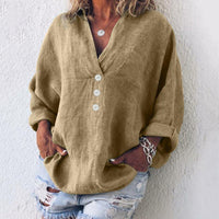 Elfriede | Damen Baumwoll-Leinen Oversized V-Ausschnitt Pullover Bluse - Khaki
